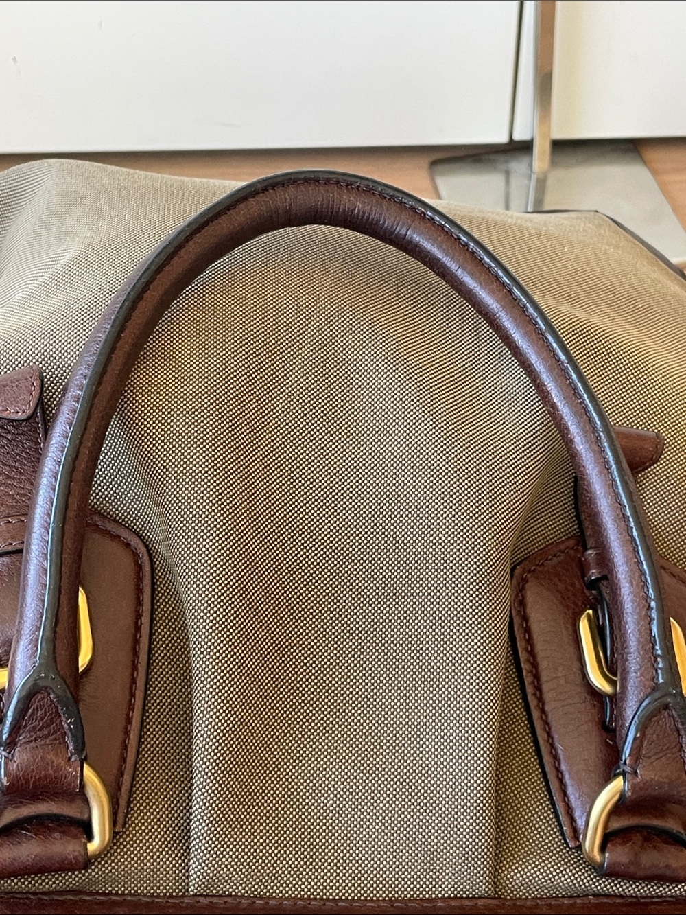 Prada Large Canapa Canvas Tote Brown Vitello Leather Trim Gold Hardware Italy - Picture 6 of 16